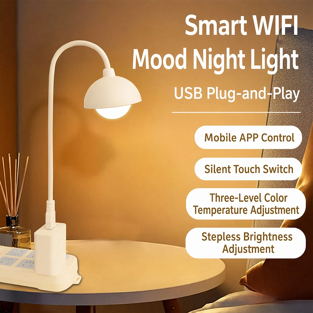 Smart USB LED Bedside Lamp with 360 Degree Flexible Gooseneck Dimmable Lighting for Home Office Desk Night Light