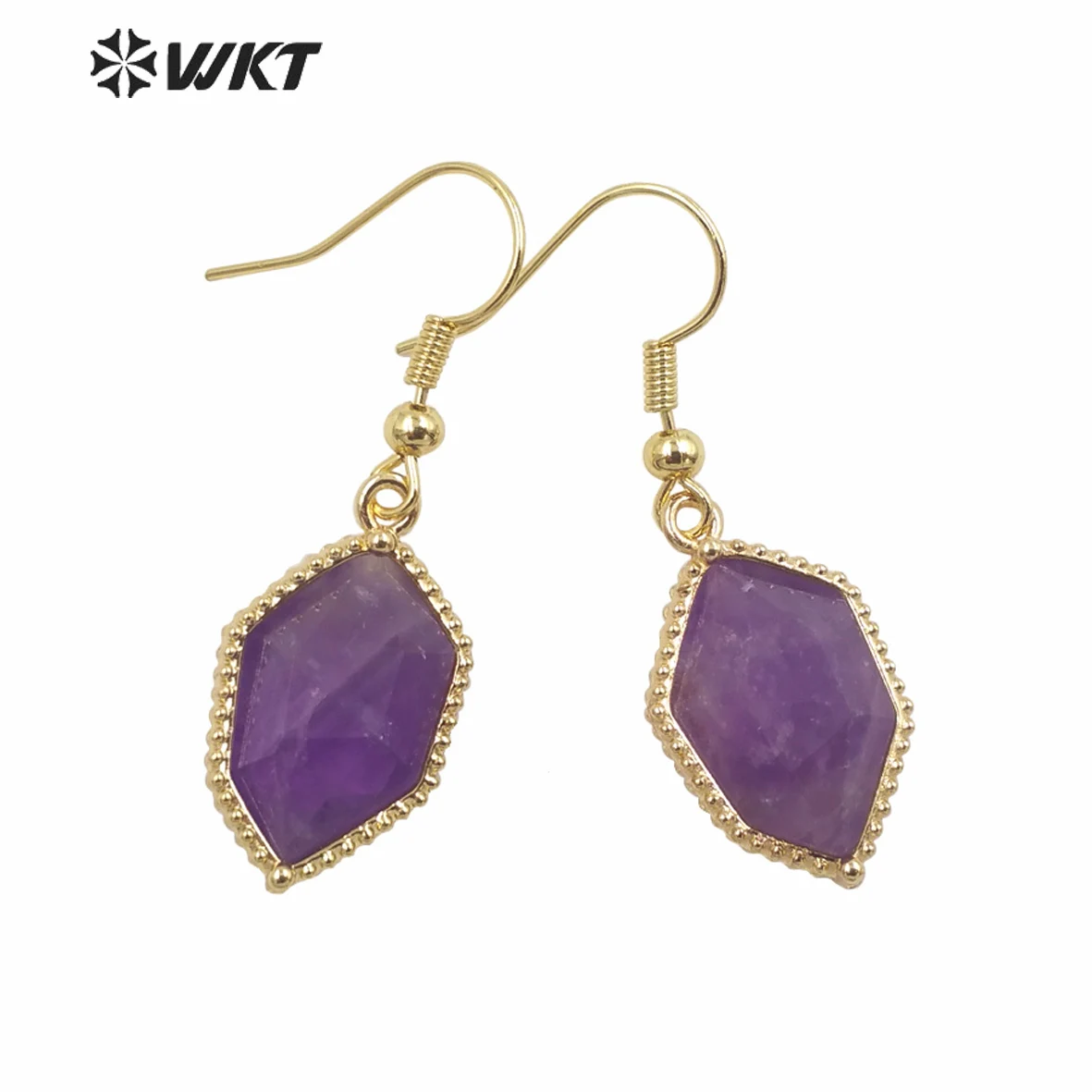 

WT-E741 New Arrival Hexagon Shape Colored Gemstone Labradorite StonePendant Hook Earring Women Commuter Daily Decoration