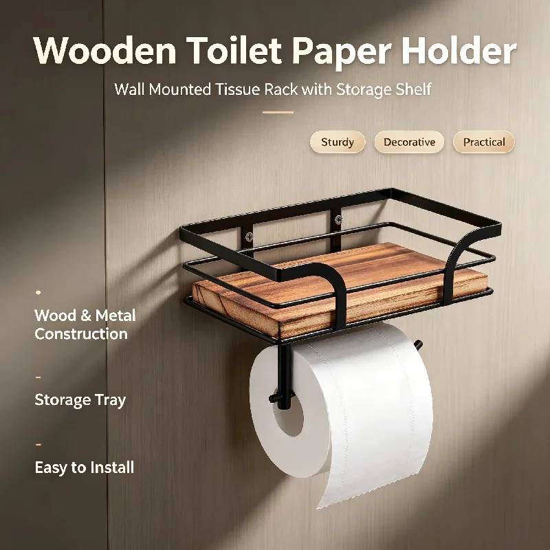 Iron and Wood Wall Mounted Toilet Paper Holder,Kitchen Paper Towel Rack with Shelf, Drill Mount Tissue Holder for Bathroom