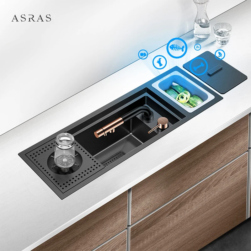 

Asras Nano Black Undermount Single Bowl Kitchen Sink with Lid for Bar Island