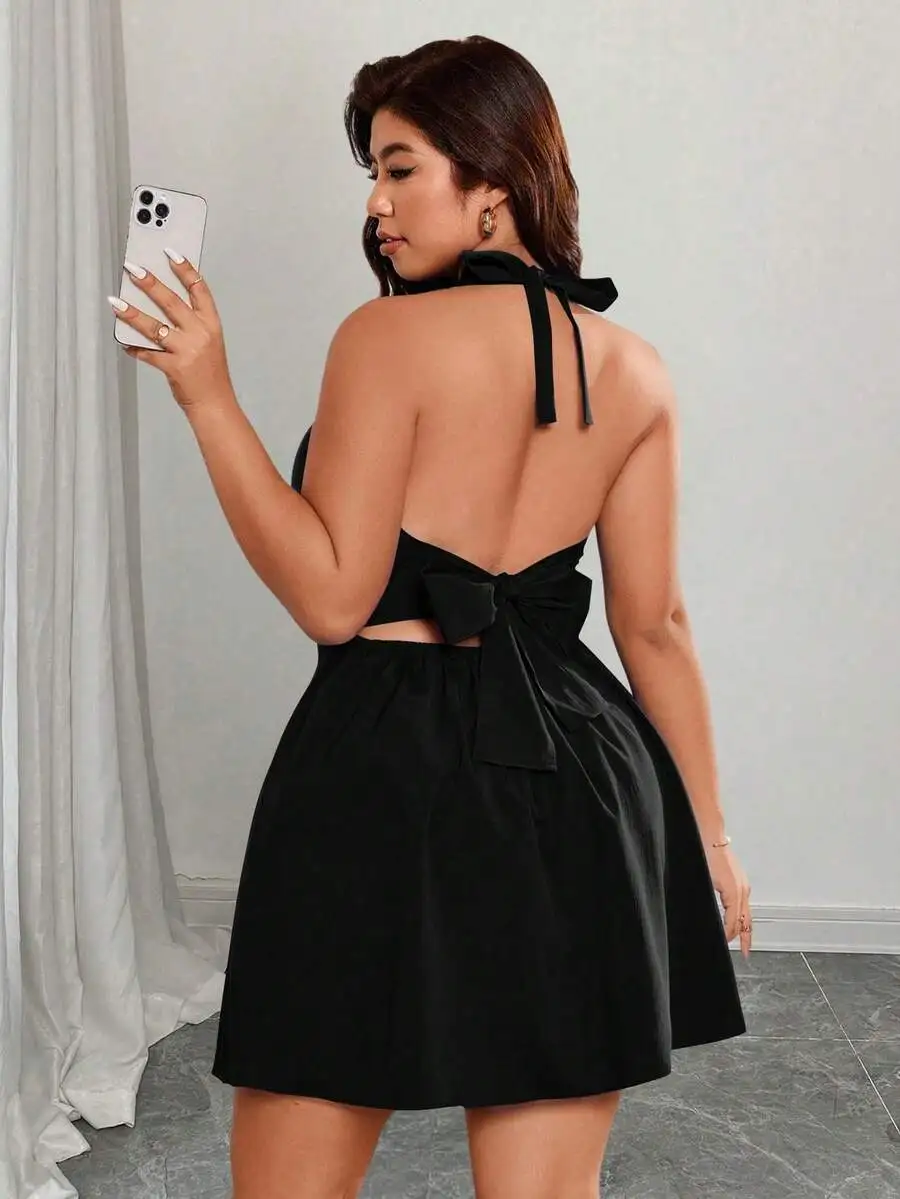 

Black Halter Neck Backless Dress With Bow Tie-Up Design Summer Vacation Minimalist Outfit