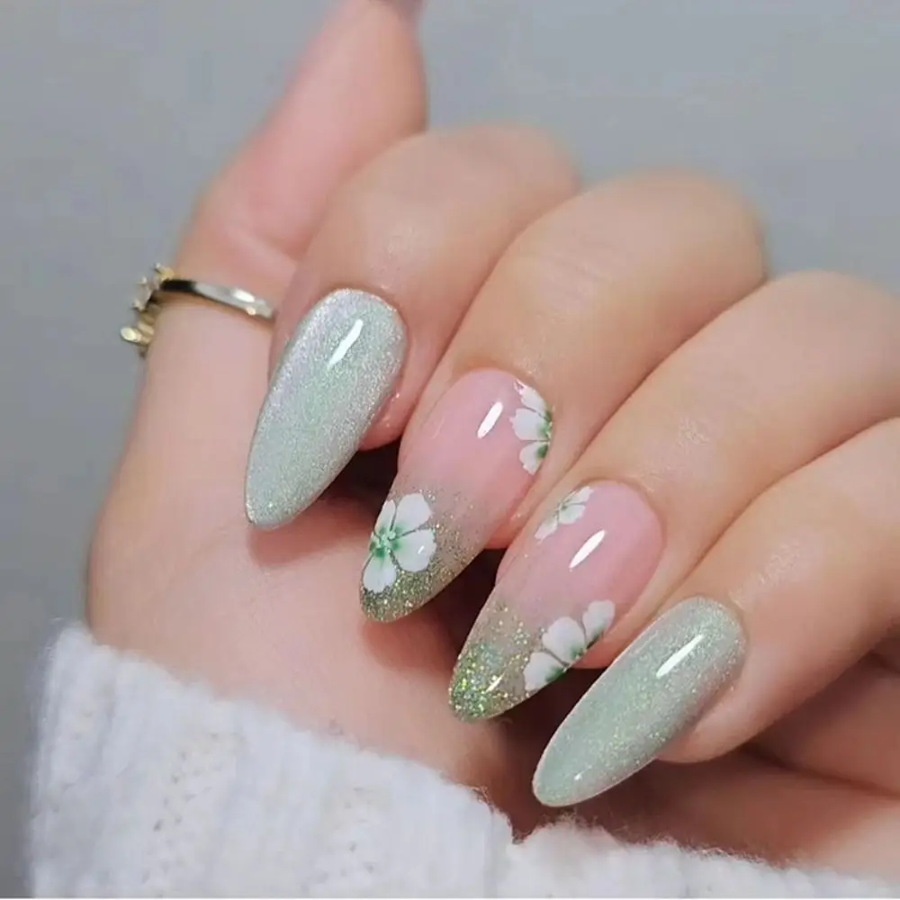 24 stücke lange Mandel falsche Nägel Französisch lila Blume Katzenauge drücken auf Nägel gefälschte Nägel DIY Maniküre abnehmbare Nagels pitzen