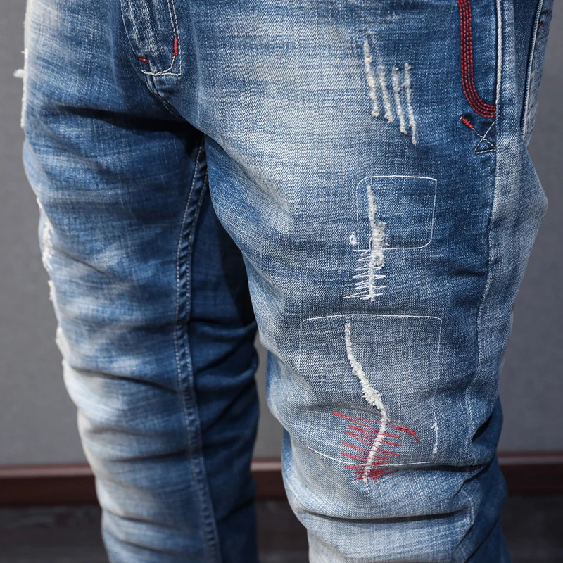 Fashion Vintage Men Jeans High Quality Retro Blue Elastic Slim Fit Patched Ripped Jeans Embroidery Designer Denim Pants Hombre