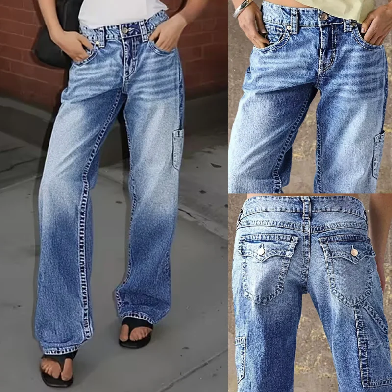 Women's Retro Washed Workwear Wide Leg Jeans Multi Pocket Loose Straight Leg Floor Length Pants Summer 2026