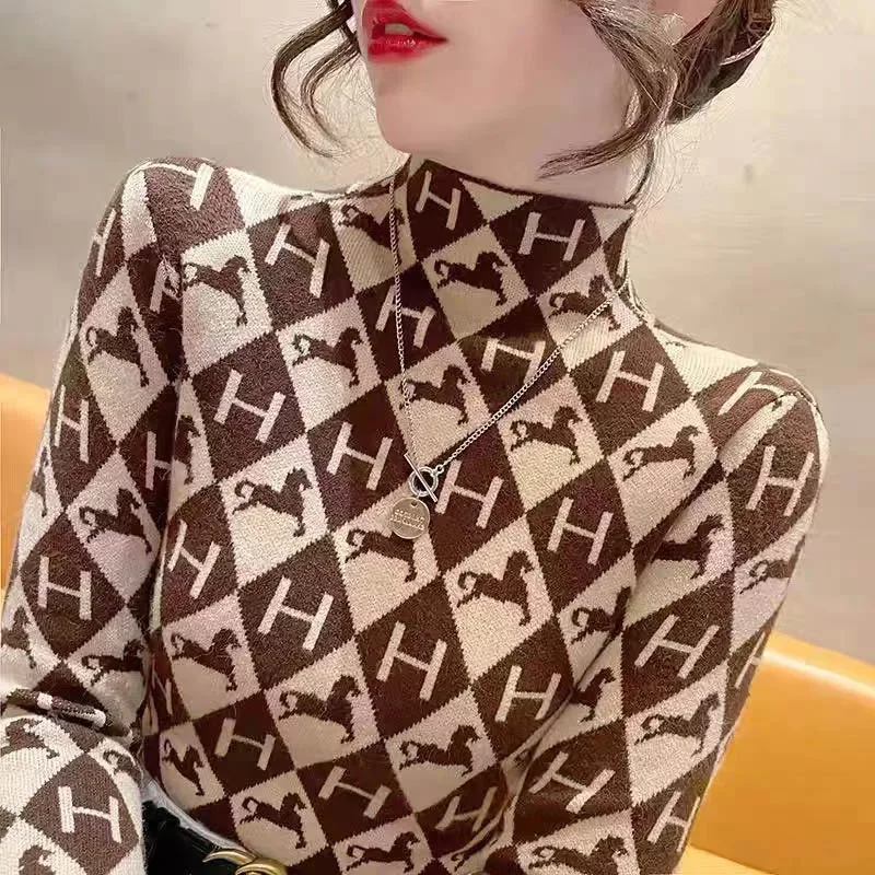 

Women Clothing Elegant Fashion Half High Collar Pullovers Autumn Winter Chic Slim Letter Sweaters Office Lady All-match Knit Top