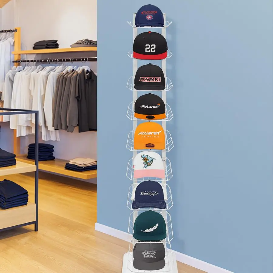 عرض 9 طبقات، حامل القبعة يصل إلى 70 قبعة، حامل القبعات المعدنية للقبعات المتعددة، عرض القبعات التجارية للبيع بالتجزئة، أبيض