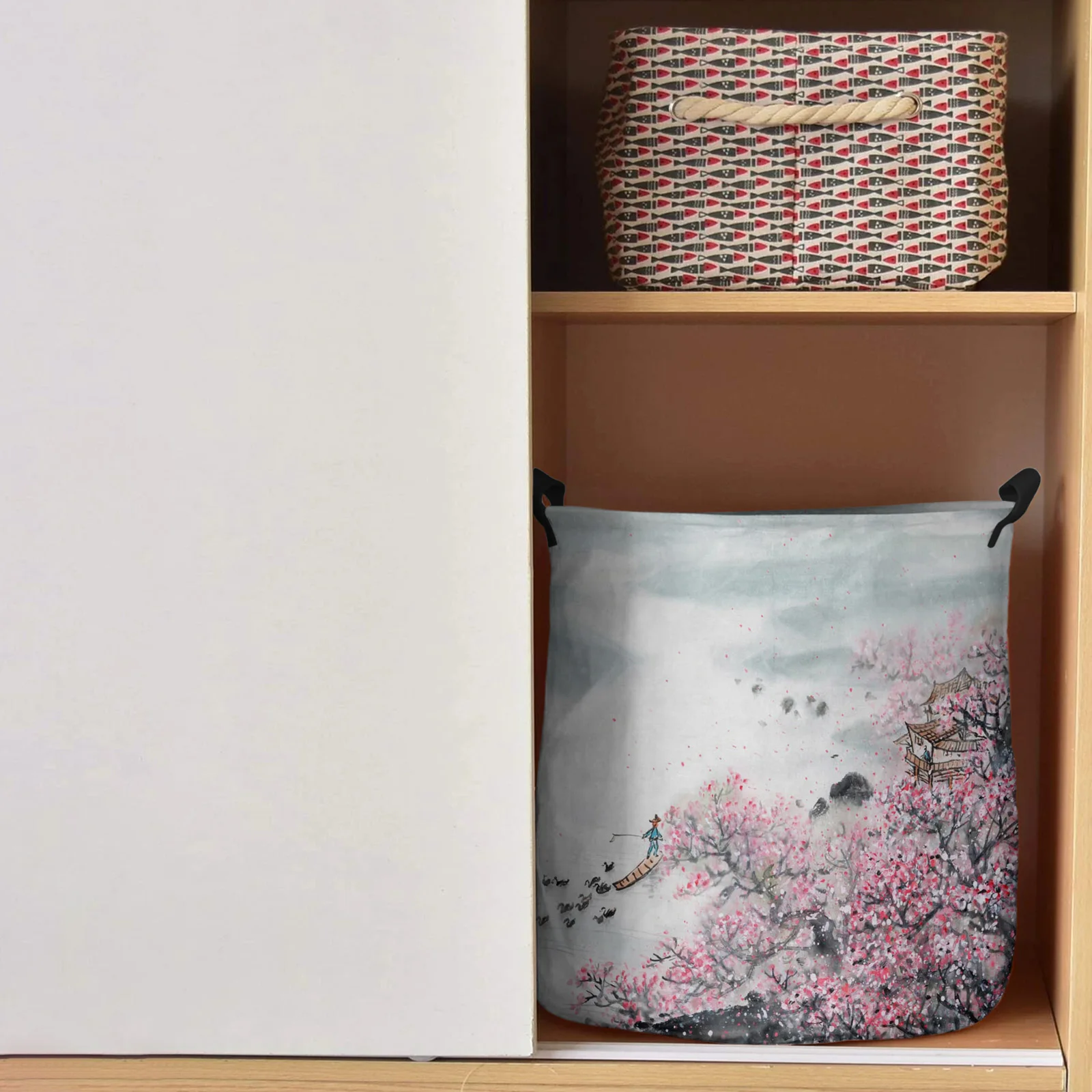 Plum Blossom Ink Painting Chinese Style Dirty Laundry Basket Foldable Home Organizer Basket Clothing Kids Toy Storage Basket