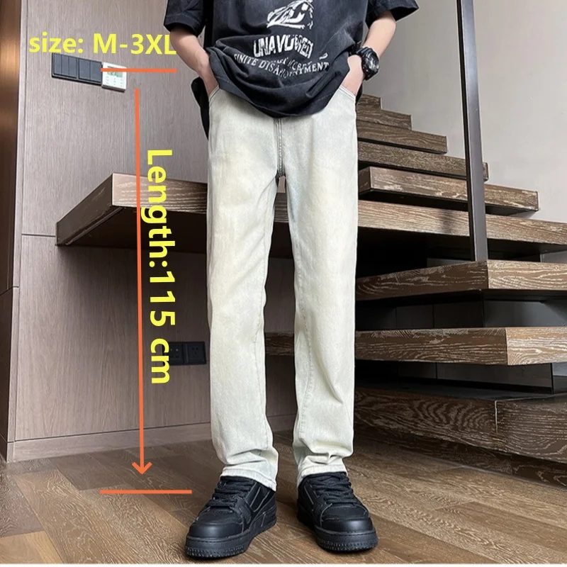 Spring Autumn Tall Boy Jeans Men Retro Washed Straight Overlong Denim Trousers 115 Cm Extended Long Students Casual Pants Men