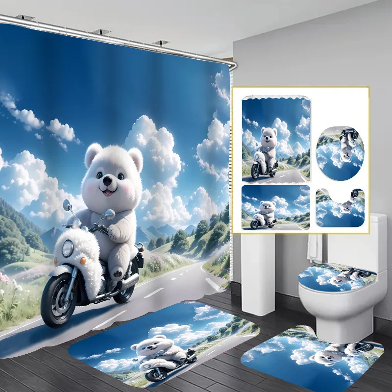 סט ארבעה חתיכות מותאמות אישית של וילונות מקלחת עם דפוס תמונה של דוב לבן גדול עמידים במים לחדרי אמבטיה