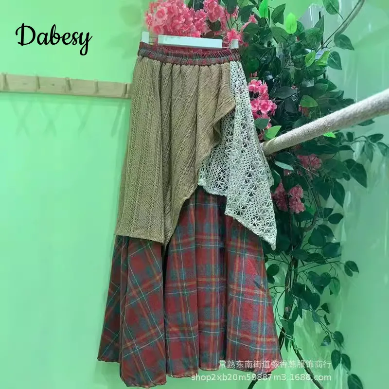 Vintage Plaid Irregularity Cake Skirt Women Japan Mori Multi-layer Patchwork High Waist Kawaii A-line Skirt Faldas Mujer Faldone