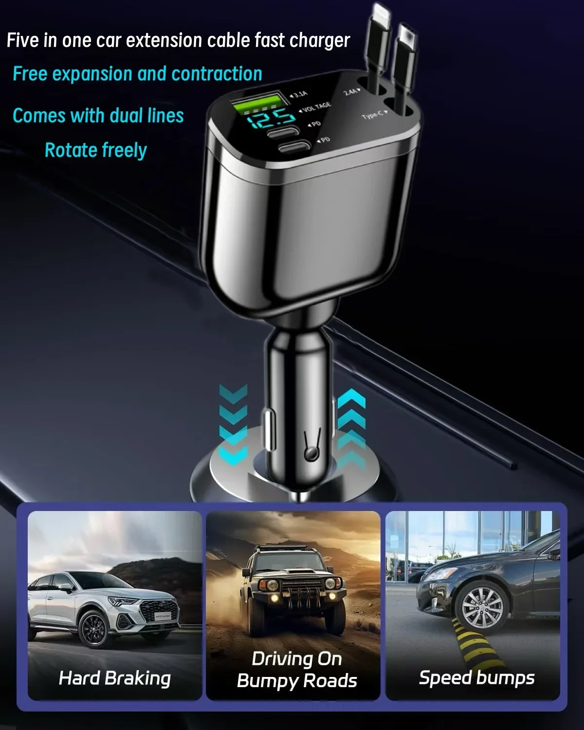 5-in-1 Cigarette Lighter with Intelligent Digital Display,Expandable USB,Car Phone Charger, Car Fast Charging,Hot Selling