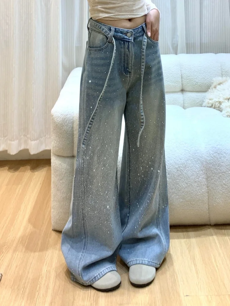 

American Retro Diamond Embellished High Waist Loose Fit Women's Jeans Spring Fashion plus Size Wide Leg Floor-Length Pants