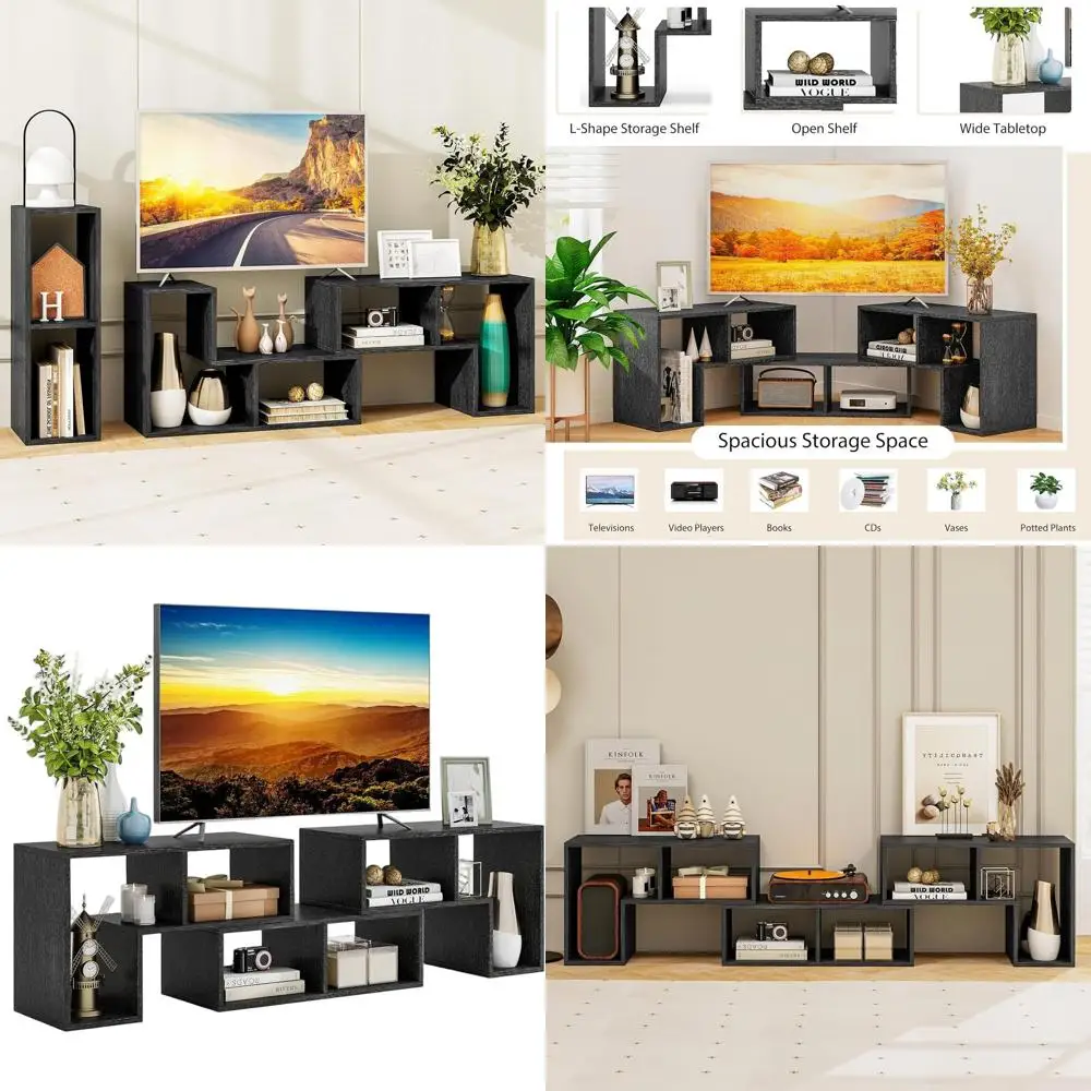 

3-Piece Reconfigurable TV Stand for 50-65 Inch TVs, Minimalist Modern Media Console with Open Storage, DIY Wood-Grain Black