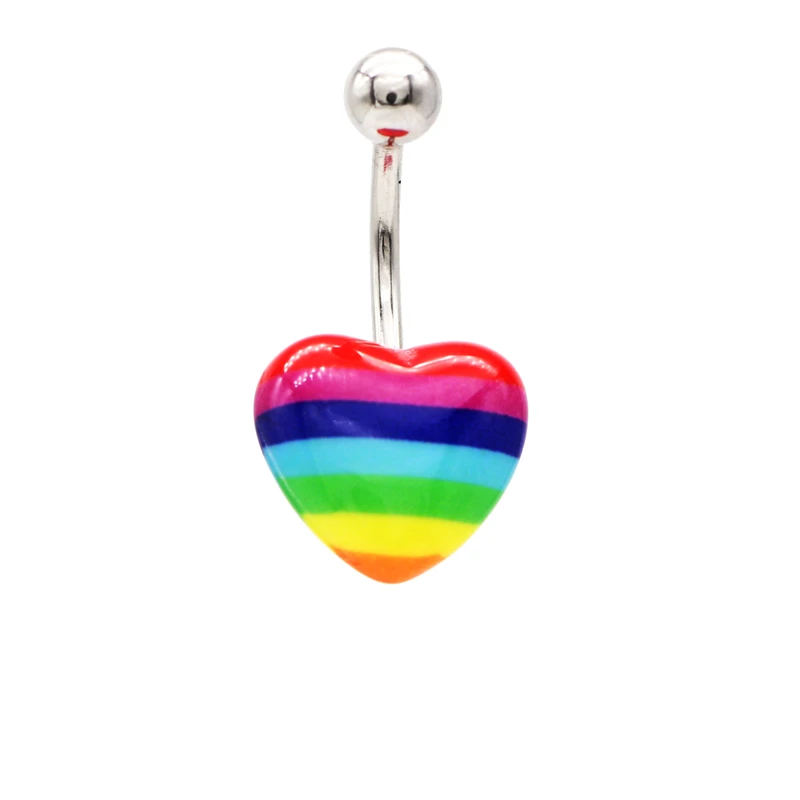 Rainbow Navel Ring Belly Button Bar Candy Heart Acrylic Gay Pride Fashion Body Piercing 1.6mm 10mm