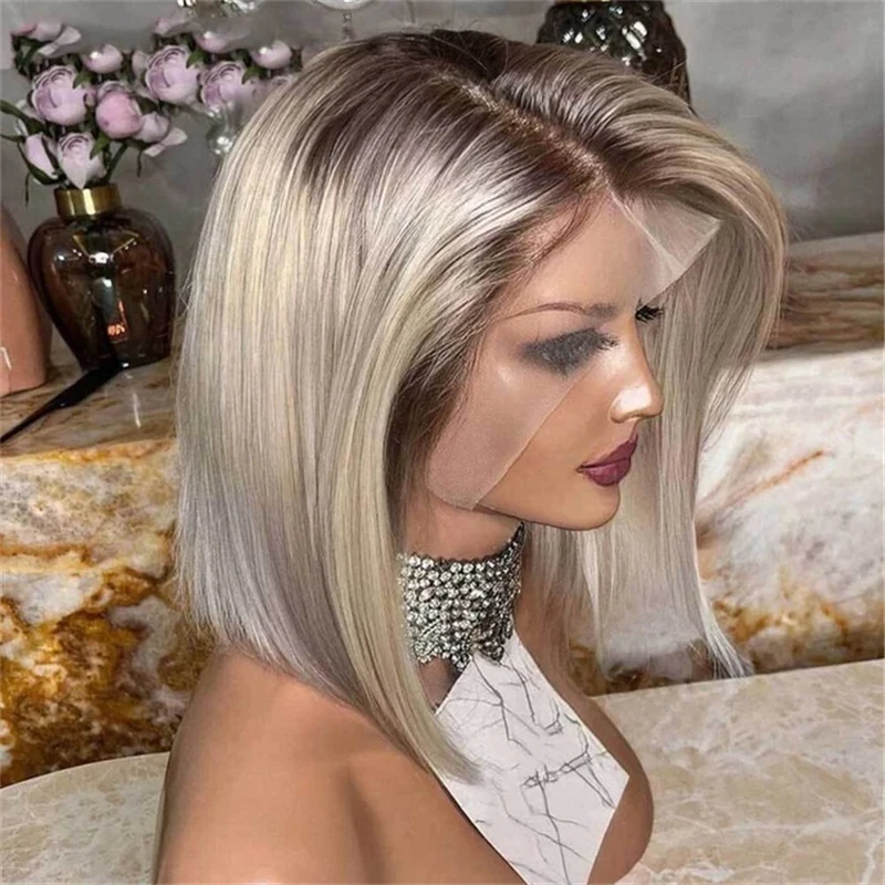 

Ombre Blonde Balayage Straight Bob Wig with Dark Roots 12 Inch Glueless Wig Premium Human Hair Blend HD Invisible Lace Front Wig
