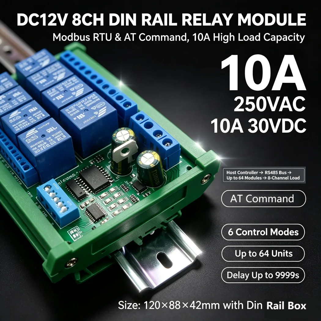 8CH Modbus RTU & AT Command Relay Module DC12V 10A 6 Working Modes Max 255s/9999s Delay for PLC Smart Home Curtain Motor Control