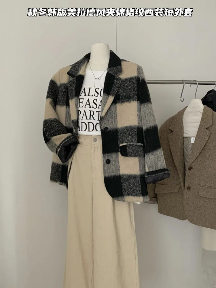 

Autumn/Winter Thickened Suit Vintage American Style Loose Plaid Wool Jacket Long-sleeved Fashion Coat