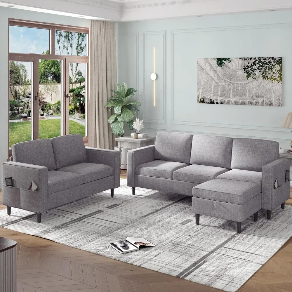 2Piece Sofa Set for Living Room, Modural Convertible Loveseat and Sofa Set, Modern Linen Fabric L Shaped