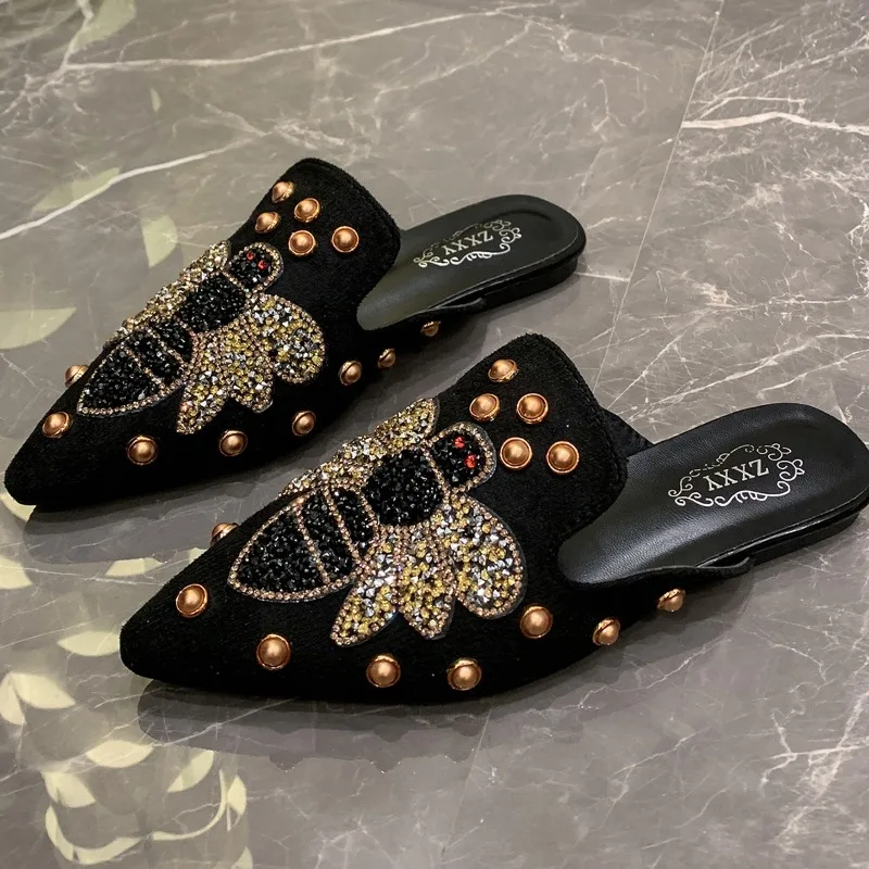 2026women's Shoes Summer Baotou Half Slippers Retro Rivets Suede Leather Casual Slippers Fashion Pointed Flat Bottom Half Slides