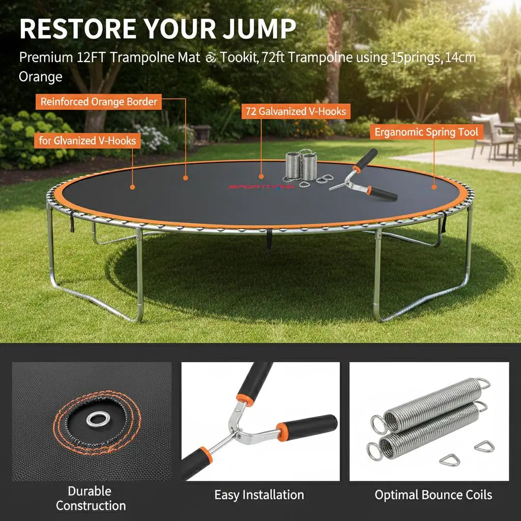 

Сменный мат для батута с инструментом для вытягивания пружин, 72 V-образных крючка, для батута 12 футов, использующего пружины 14 см, оранжевый.