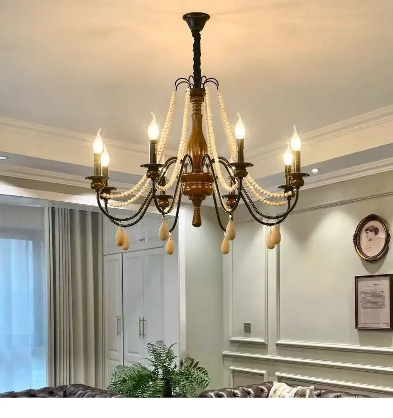 American Retro Wood Candle E27 Chandelier French