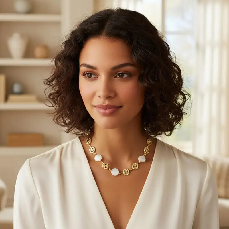 

CH Alternating Pendant Necklace Hollow Zirconia Disc Mother Of Pearl Slice Gold Plated 45cm Chain Elegant Layered Jewelry