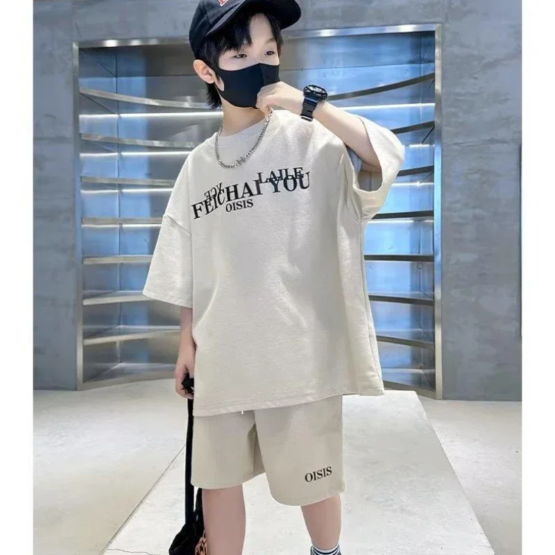 9-12Y Children Boy Summer Clothes Fashion Short Sleeve Letter Tshirt Top and Short Bottom 2pcs Outfit Teenage Casual Tracksuit