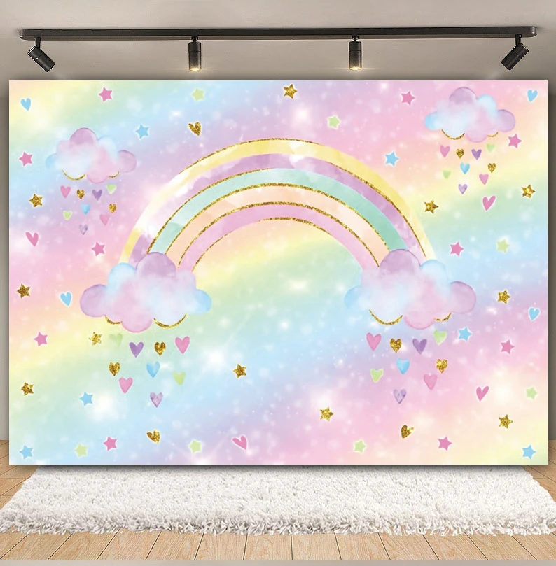 Cloud Rainbow fondale Gold Glitter Star Sky Rainbow Baby Shower festa di compleanno fotografia sfondo Cake Smash Photo Studio