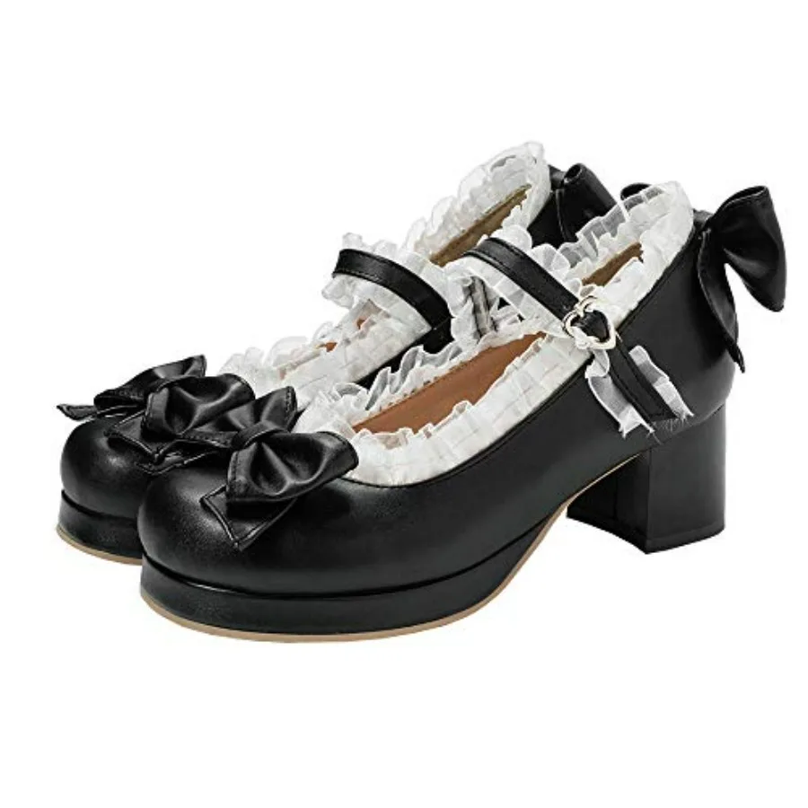

LUXMAX Women Kawaii Mid Block Heel Mary Jane Rockabilly Pumps with Bow Platform Chunky Heel Cute Sweet Shoes