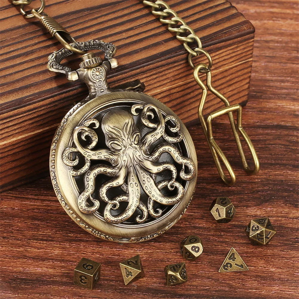 Novel Punk Metal Mini Dice Pocket Watch Case Gift Set Fob Chain Necklace Pendant Polygon Entertainment Game Dice Sets