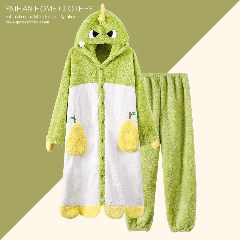 Women Green Dinosaur Hooded Robe Set, Cute Fleece Sleepwear, Thick Plush Warm Loungewear