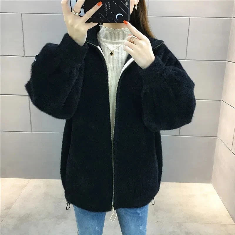 Women\'s Sweater Cardigan 2022 Autumn Winter New Imitation Mink Velvet Coat Women High Collar Loose Thickening Knitted Tops