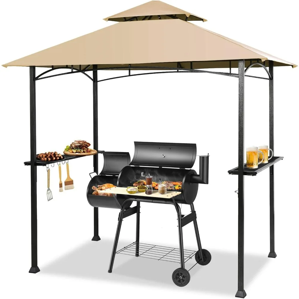 

8ft x 5ft Grill Gazebo Station with Canopy, Heavy Duty Steel Frame, 2 Side Shelves, 5 Hooks, 8 Ground Stakes, Outdoor Grill She