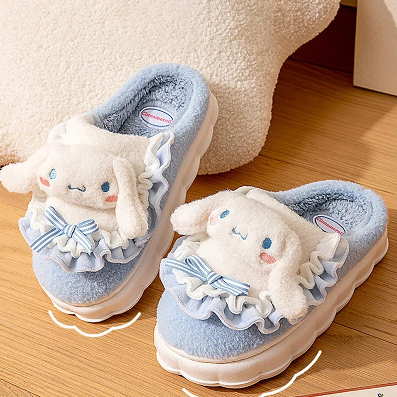 Sanrio Hello Kitty Home Fuzzy Slipper Cartoon Kuromi Cinnamoroll  Yk2 Women Winter Plush Non Slip Slippers girl Cute Flat Shoes