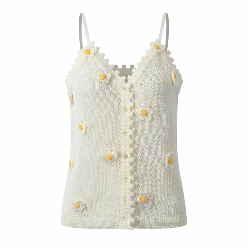 Women Knitted Cotton Camis Appliques Button Tops Camis