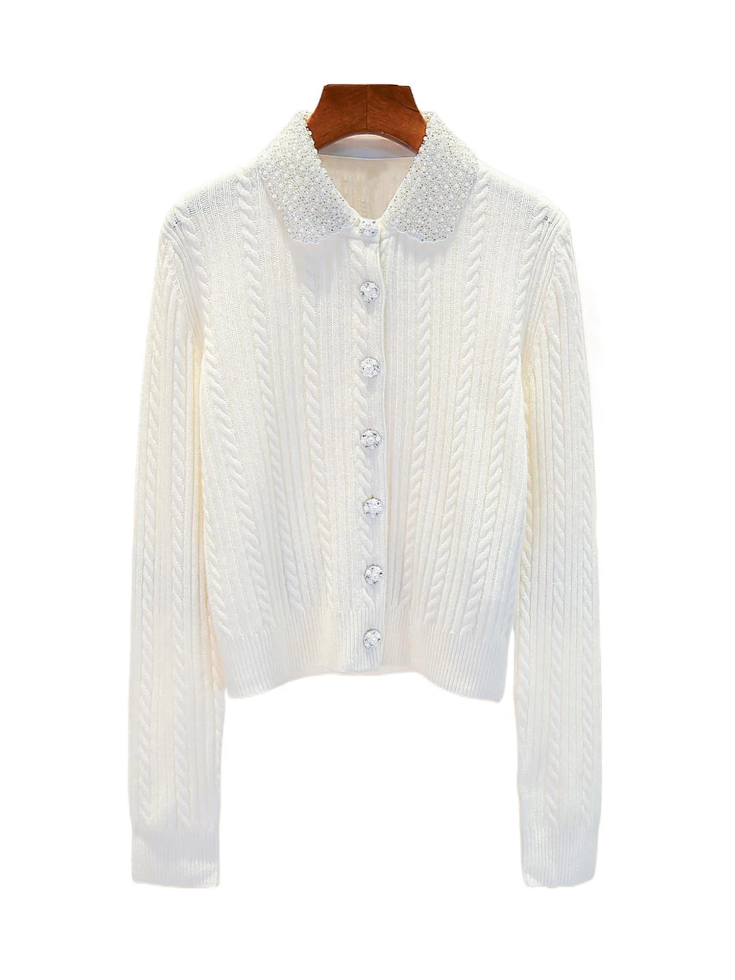

Милый шикарный вязаный кардиган Топ с жемчугом и отложным воротником, стандартный крой, длинная длина свера, застежка на пуговицах