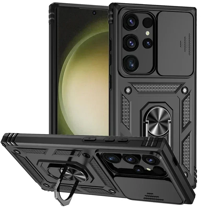 

Stand Rotating Slide Camera Lens Military Grade Armor Case For Samsung S25 S24 S23 S22 S21 FE S20 Plus Note 20 Ultra M53 M33