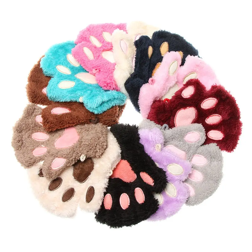 Warm Plush Mittens Cat's Paw Short Fingerless Gloves Children's Winter Gloves Half Finger Gloves For Girls