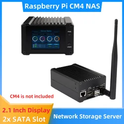 Raspberry Pi CM4 NAS Host Home Network Storage Server Dual SATA Slots 2 Inch Screen Aluminum Case Cooling Fan Antenna Power