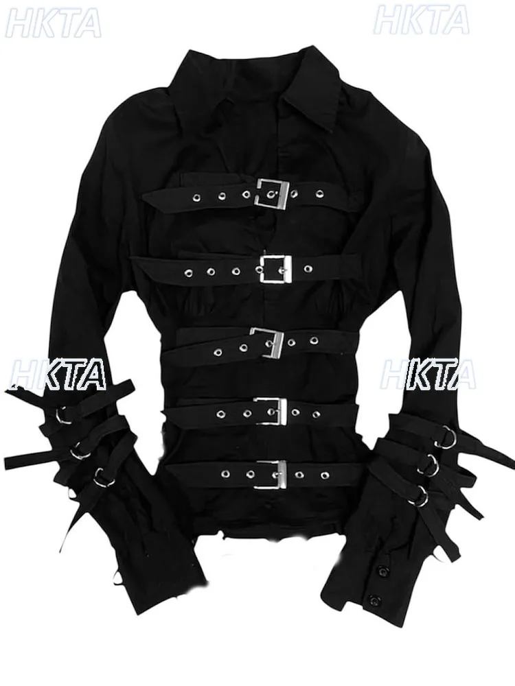 Dark Y2K Subculture Black Shirt Tops Women Autumn New Goth High Street Halloween Slim Lapel Long Sleeved Strap Hot Girl Blusas