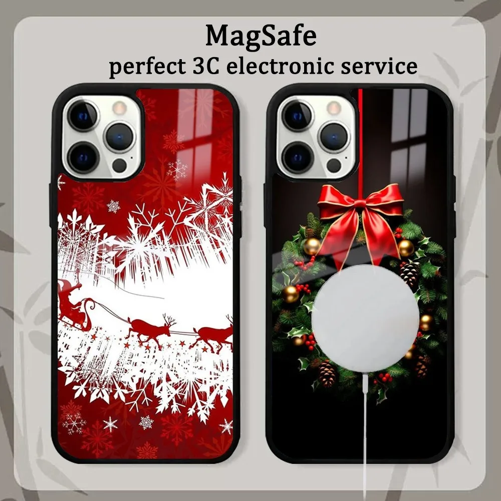 Christmas Santa Claus Elk Deer PrintPhone Case For IPhone 16 15 14 13 12 11 Pro Max Plus Mini Magsafe Mirror Wireless Magneti