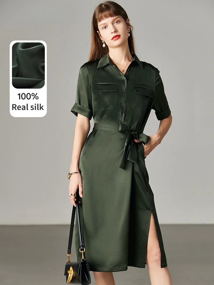 

Army Green Satin Silk Dress Summer New Fashion Waist Cinching Temperament Dress, 100% Mulberry Silk A-line Workwear