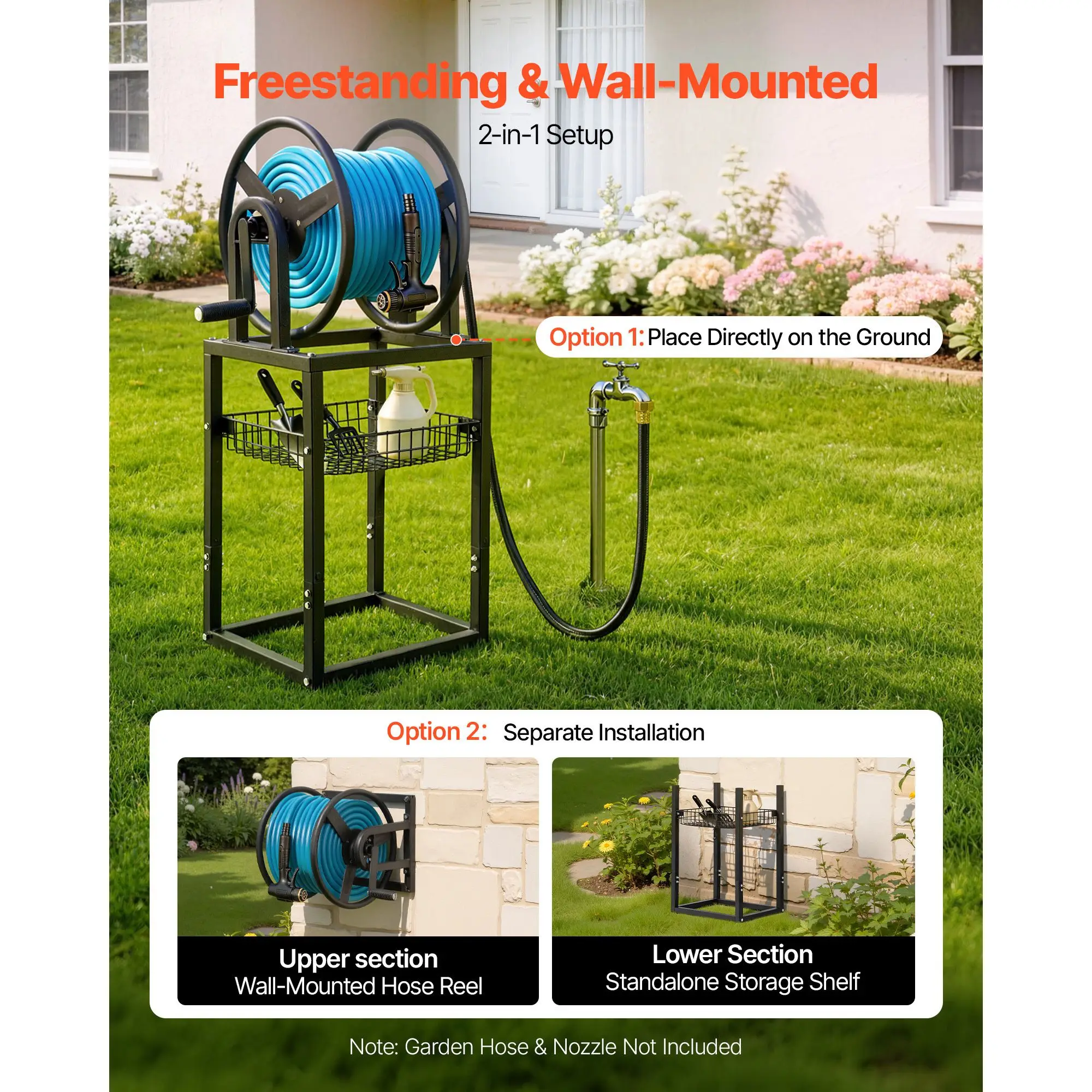 Wall Mounted Garden Hose Reel, Holds 200 Feet of 5/8-inch Hose, Outdoor Heavy-Duty Waterhose Holder Winder, with Brass