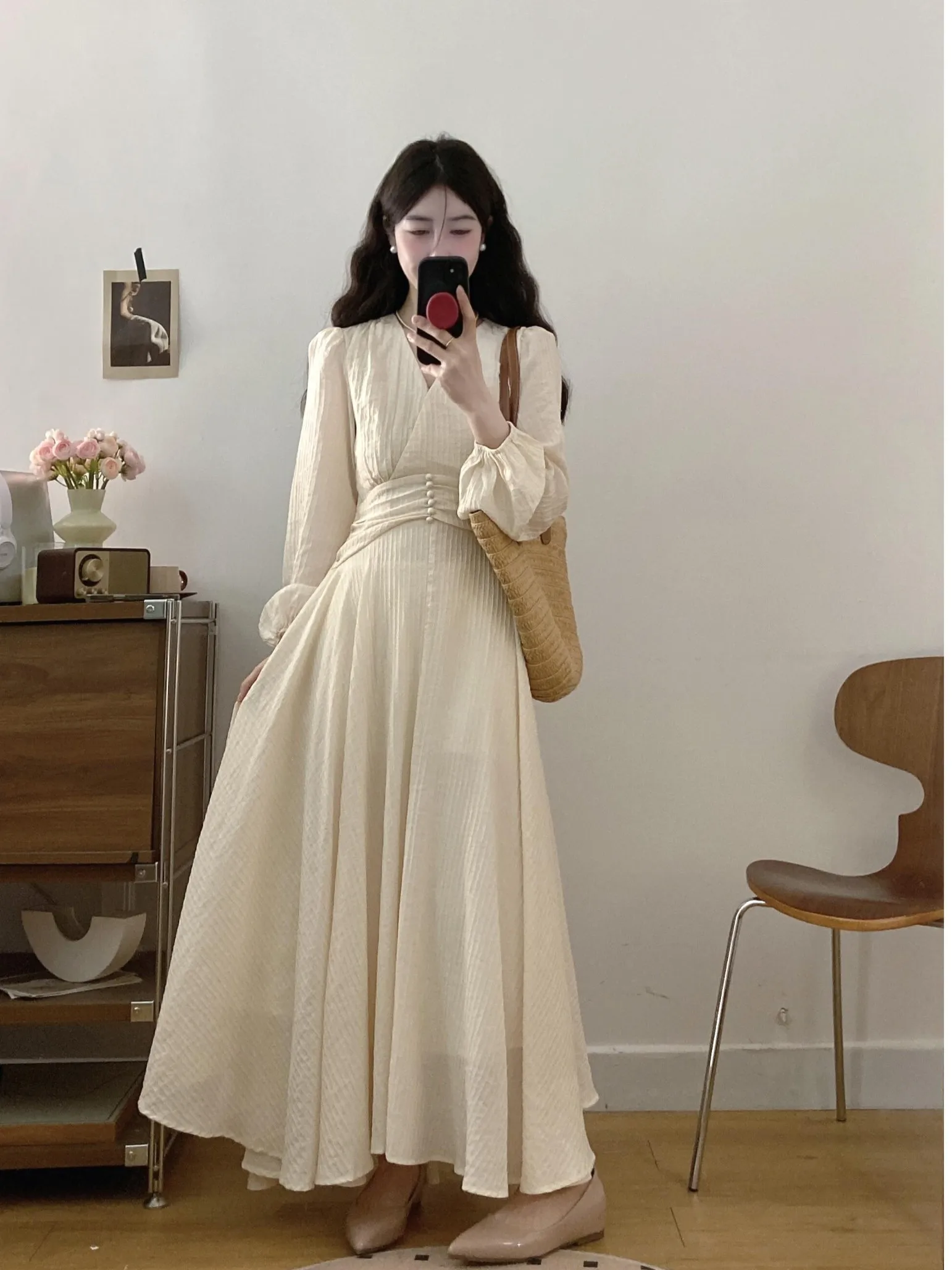 

plus Size Women's Ele Long Sve V-Ne A-Line Dr Spring Summer New Sle Waist-Cinching Midi Dr in Beige