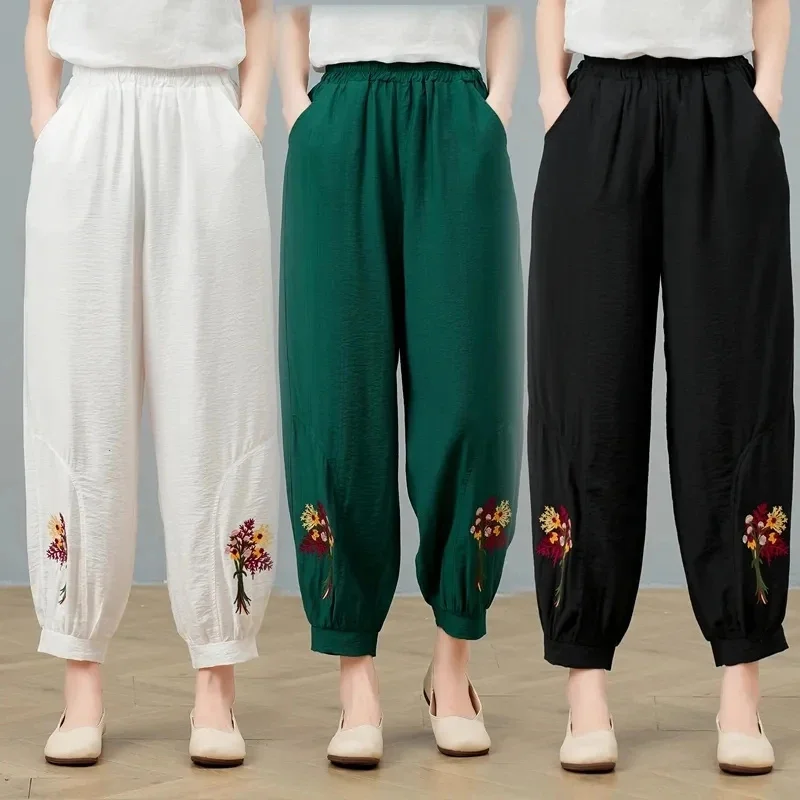 

Summer Thin Embroidery Female Loose Color Matching Printing Cotton And Linen Bloomers Women Loose Ethnic Jarem Pants Ladies