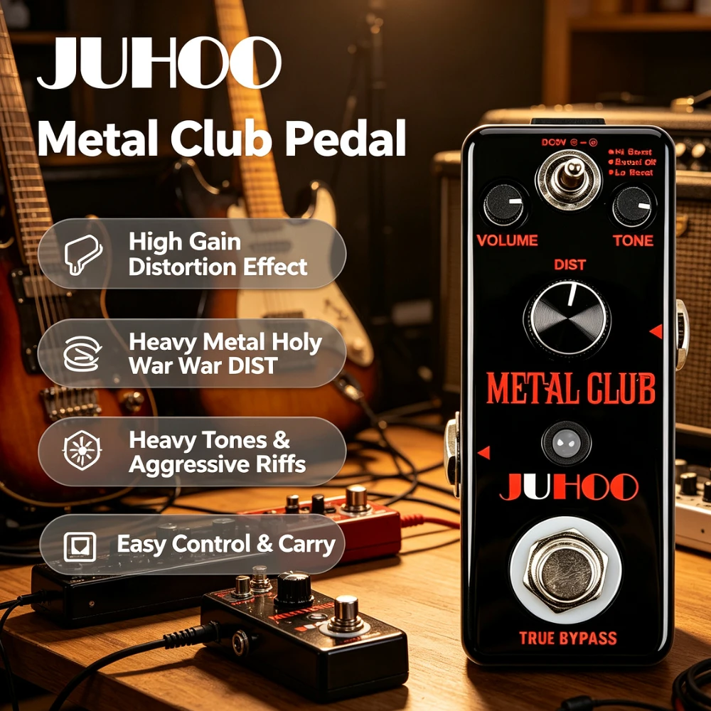 JUHOO Metal Club Distortion Gitaarpedaal 3‑Mode Lo Boost /Boost Off /Hi Boost High‑Gain Heavy Metal Stompbox Holy War Riffs