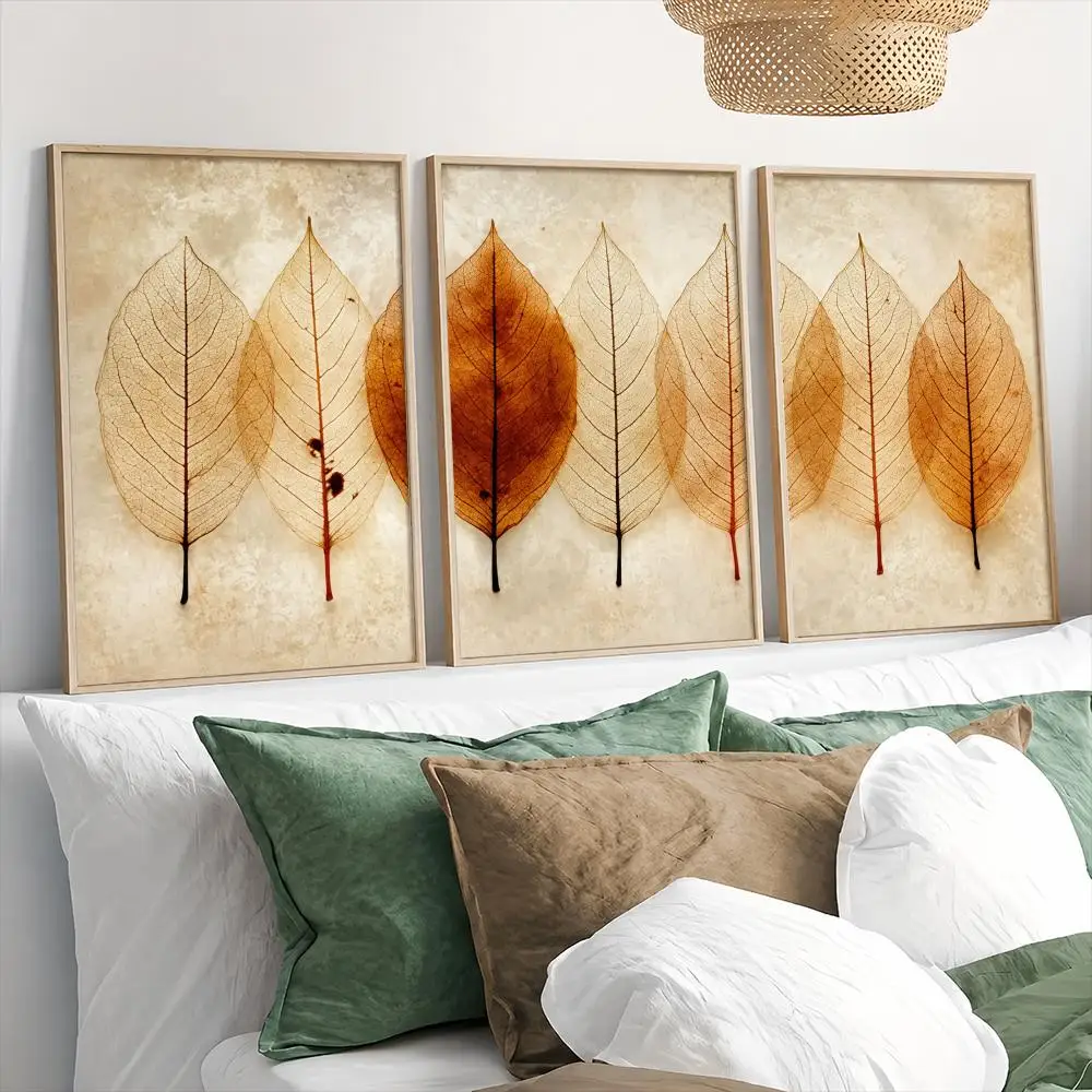 Vintage Skeleton Leaves Botanical Painting Calligraphy 3 PCS Canvas Wall Art Prints for Living Room Decor Modern Wall Decals