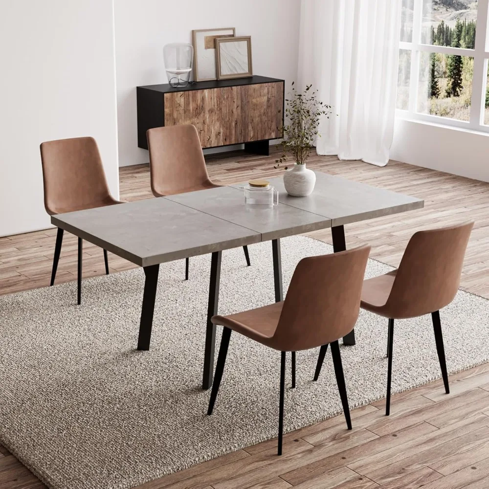 5 Piece Dining Table Set, 46 Inch Modern Kitchen Table with 6 Dining Chairs for 4, Extendable MDF Dining Table with Steel Legs