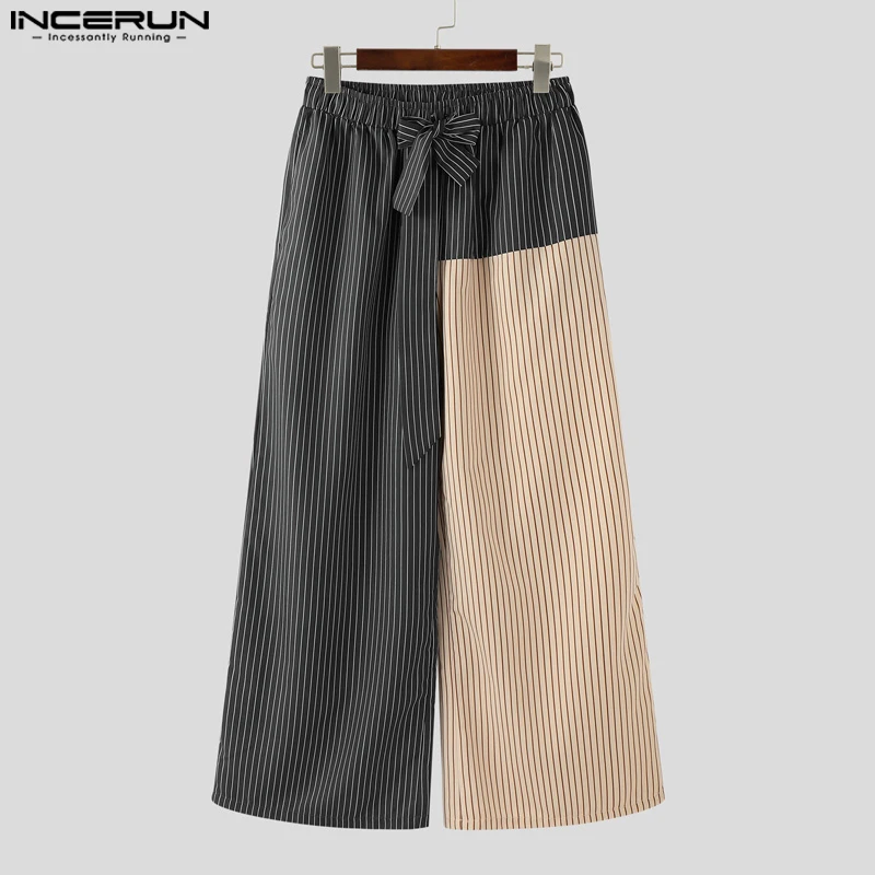 

Men Pants Striped Patchwork Lace Up Joggers Wide Leg Trousers Men Streetwear 2025 INCERUN Fashion Casual Male Long Pants S-5XL