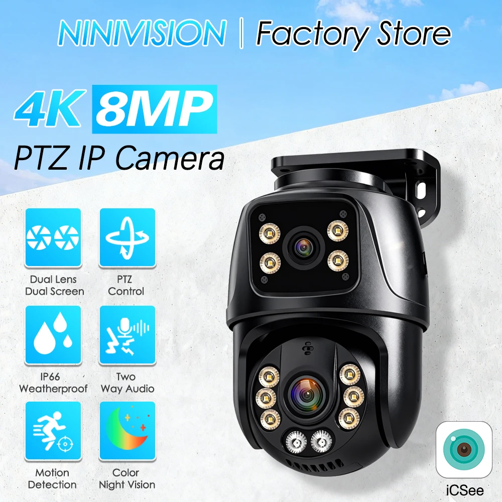 

Dual Lens Dual Screen 4K 8MP HD POE PTZ Camera Outdoor 4MP AI Human Detection IP Camera CCTV Audio Video Surveillance P2P iCSee